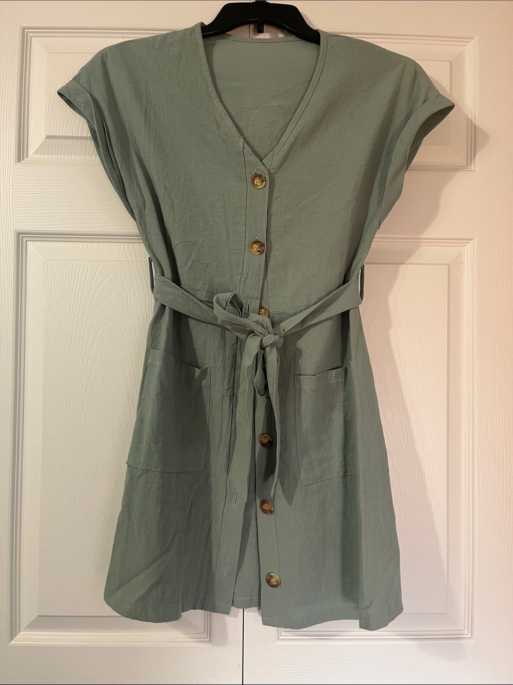SHEIN Sage Green Button-Front Belted Dress